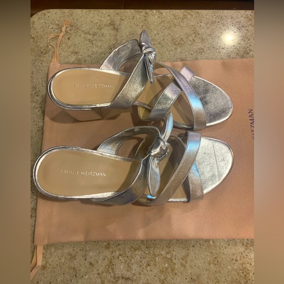 NWOT Stuart Weitzman Bandeau Block Silver Leather Slide Sandal Size 7.5 - Picture 1 of 6